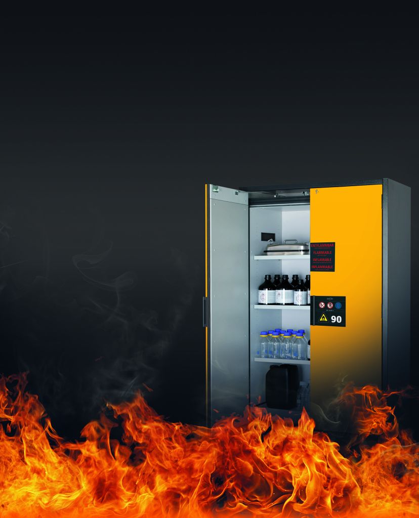 asecos safety storage cabinet with fire